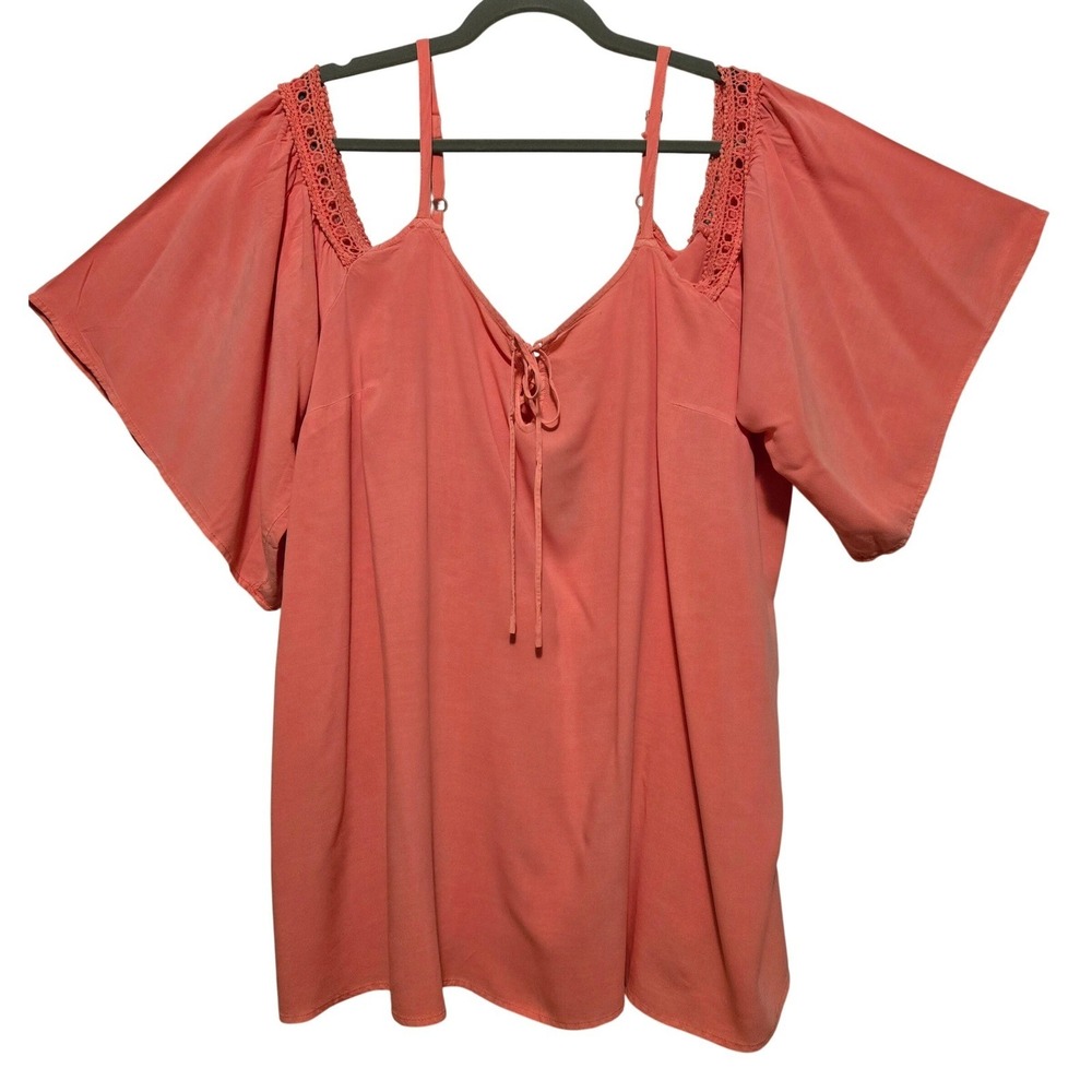 Torrid Women‎ 3 3X Coral Pink Cold Shoulder Crochet Lace Rayon Blouse 17615010